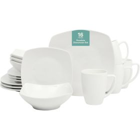 16 Pieces - White Square Porcelain Dinnerware Set - Service for 4