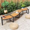Set of 2 - Outdoor Metal Wood Backless Garden Bench with Modern Curved Design
