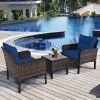 3-Piece Brown PE Rattan Outdoor Dining Patio Furniture Set with Blue Cushions