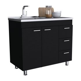 Rushville Utility Sink with Double Doors, Stainless Steel Countertop, and 3 Drawers, Black