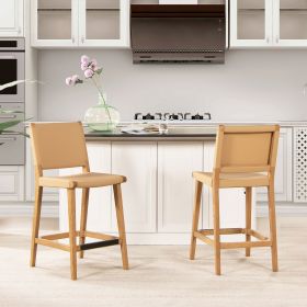 Pierre 26" Farmhouse Saddle Kitchen Island Counter Stool with Back, Sunkissed Beige Leather & Natural Wood
