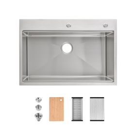 Stainless Steel Kitchen Sink, 33â€³x22â€³ Single Bowl, Overmount Handmade Sink in Brushed, with Cutting Board, Colander
