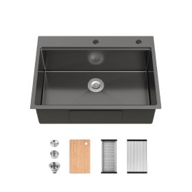 Stainless Steel Kitchen Sink, 30â€³x22â€³ Single Bowl, Overmount Handmade Sink in Black, with Cutting Board, Colander