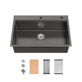 Stainless Steel Kitchen Sink, 33â€³x22â€³ Single Bowl, Overmount Handmade Sink in Black, with Cutting Board, Colander