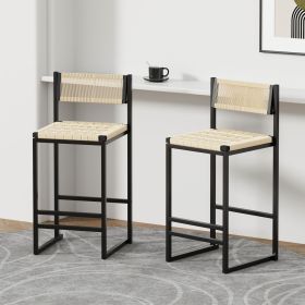 Set of 2 Woven Bar Stools with Backrest Paper Rope Weave Dining Chairs for Kitchen Island (Style B Black & Creamy White)