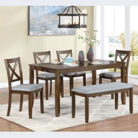 6 Piece Kitchen Dining Set, Rectangular Wooden Dining Table with 4 Upholstered Chairs and a Bench, Dining Table Set for 6 People, Living Room