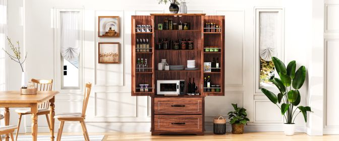K&K 71" Farmhouse Kitchen Pantry Cabinet with 2 Large Drawers