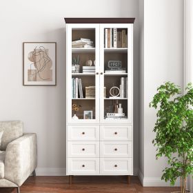 White MDF Display Storage Cabinet,Tall Kitchen Pantry Cabinets with Glass Doors and Adjustable Shelves,Freestanding Storage Cupboard for Kitchen