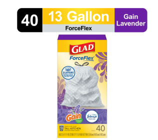 Glad ForceFlex Tall Kitchen Drawstring Trash Bags, 13 Gallon, Gain Lavender with Febreze Freshness, 40 Count