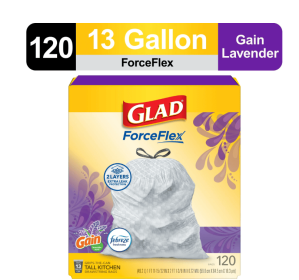 Glad ForceFlex Tall Kitchen Drawstring Trash Bags, 13 Gallon, Gain Lavender with Febreze Freshness, 120 Count