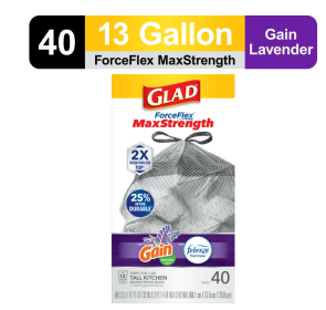 Glad ForceFlex MaxStrength Tall Kitchen Drawstring Trash Bags, 13 Gallon, Gain Lavender, 40 Count
