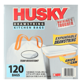 Husky Tall Kitchen White Trash Bags, 13 Gallon, 120 Bags (Expandable Drawstring, 20 Percent Post-Consumer Recycled content)