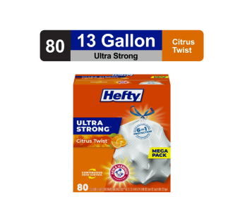 Hefty Ultra Strong 13 gallon Trash Bags, Tall Kitchen Trash Bags, White, Citrus Twist Scent, 80 Bags