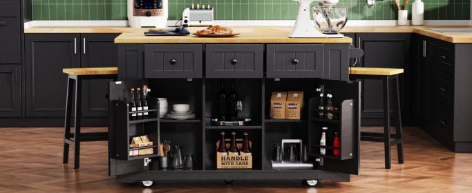 K&K 53inch Large Kitchen Island with Drop Leaf, Power Outlet, Door Internal Storage Rack