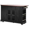 K&K 53'' Farmhouse Kitchen Island with Two Tempered Glass Cabinet Doors, Power Outlet, Rolling Kitchen Cart on Wheels with Drop Leaf