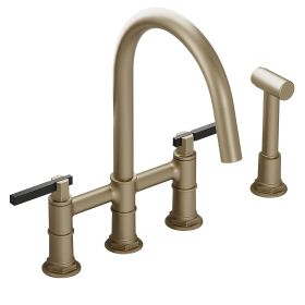 Double Handle 4-Holes Deck Mount Bridge Kitchen Faucet with Side Sprayer Sink Faucet 360 Swivel Spout in Brushed Gold