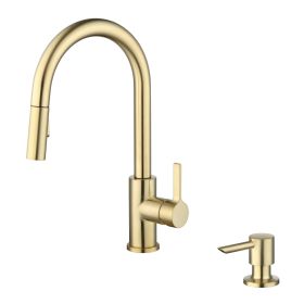 Single Handle Pull-Down Kitchen Faucet with Soap Dispenser, Brushed Brass