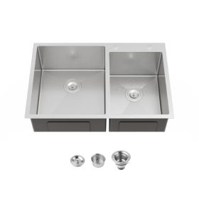 33"x19" Embedded Double Bowl Kitchen Sink, Overmount Handmade Sink in Brushed (Sink only)