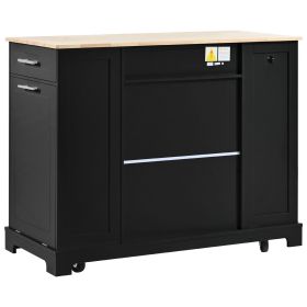 K&K Fluted Kitchen Island with Trash Can Storage Cabinet, Power Outlet, Internal Storage Rack, Rolling Kitchen Islands on 5 Wheels with 3 Drawer