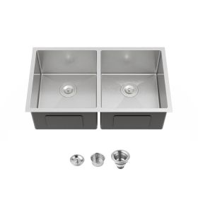 33"x19" Embedded Double Bowl Kitchen Sink, Undermount Handmade Sink in Brushed (Sink only)