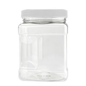 Pride Of India | Clear Food Grade PET Plastic Square Grip Storage Jar w/Cap 6 Jar Pack - 32 FL OZ (3-4 Cup Storage Capacity) | Airtight Seal & Easy Ha