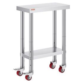 VEVOR Stainless Steel Work Table 12 x 24 x 34 Inch, 700 LBS Load Capacity with 4 Wheels, 3 Adjustable Height Levels