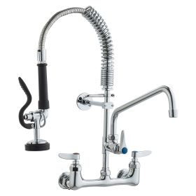 VEVOR Wall-Mounted Brass Kitchen Faucet, 21" Tall, 8" Installation Width, Includes 12" Rotating Spout and Pull-Down Sprayer, Suitable for Single