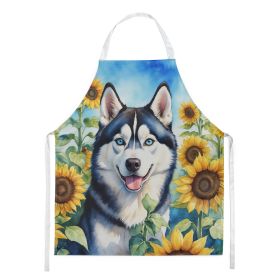 Siberian Husky in Sunflowers Apron Cooking Kitchen Server Baking Crafts Gardening for Adult Women Men, Unisex, Large, Multicolor
