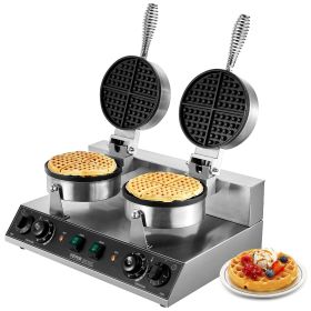 VEVOR Commercial Waffle Maker, Dual-Head Round Waffle Baker Machine, 2460W Non-Stick Stainless Steel Belgian Waffle Iron with Temp and Time Control