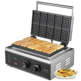 VEVOR Commercial Waffle Maker, 10PCS Rectangle Waffle Baker Machine, 1550W Non-Stick Stainless Steel Belgian Waffle Iron with Temp and Time Control