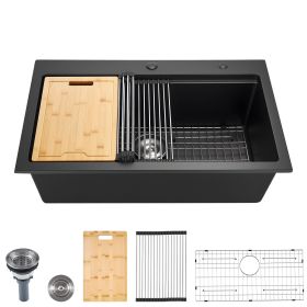 VEVOR 33 inch Kitchen Sink Workstation, Top Mount Granite Sinks, Drop-In Single Bowl Farmhouse Basin with Multiple Accessories