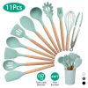 11Pcs Silicone Cooking Utensil Set Heat Resist Wooden Handle Silicone Spatula Ladle Spaghetti Server Tongs Spoon Egg whisk Kitchenware Set w/ Holder