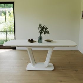 47.24-62.99" white dining table, MDF kitchen dining table, and modern industrial style expandable dining table with U-shaped legs