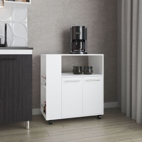 FM FURNITURE Linden Kitchen Cart with Microwave Shelf. Open Storage. and Two-Door Cabinet. White