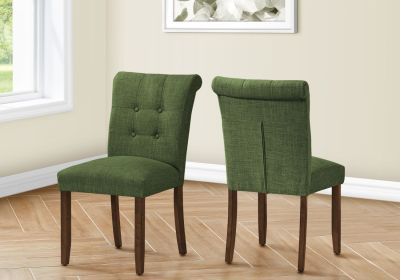 Dining Chair, 38" Height, Set Of 2, Upholstered, Dining Room, Side, Kitchen, Green Fabric, Walnut Wood Legs, Modern