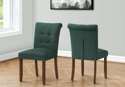 Dining Chair, 38" Height, Set Of 2, Upholstered, Dining Room, Side, Kitchen, Teal Fabric, Walnut Wood Legs, Modern