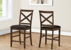Dining Chair, 44" Height, Set Of 2, Side, Upholstered, Counter Height, Dining Room, Kitchen, Dark Walnut, Brown Leather Look, Transitional