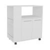 FM FURNITURE Linden Kitchen Cart with Microwave Shelf. Open Storage. and Two-Door Cabinet. White