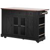 K&K 53'' Farmhouse Kitchen Island with Two Tempered Glass Cabinet Doors, Power Outlet, Rolling Kitchen Cart on Wheels with Drop Leaf