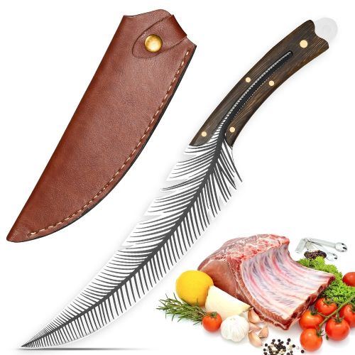 Qulajoy Viking Knife - 13.8 Inch Full Tang Boning Knife With 8.5 Inch Feather Blade & Leather Sheath - Sharp Hand-Forged 7Cr17MOV Real Carbon Ste