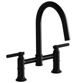 Modern Double Handle 2 Holes Deck Mount Bridge Kitchen Faucet With 360 Swivel Spout Sink Faucet In Matte Black (Color: Matte Black)
