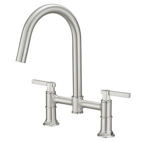 Modern Double Handle 2 Holes Deck Mount Bridge Kitchen Faucet With 360 Swivel Spout Sink Faucet In Matte Black (Color: Brushed Nickel)