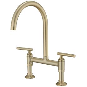Modern Double Handle 2 Holes Deck Mount Bridge Kitchen Faucet With 360 Swivel Spout Sink Faucet In Matte Black (Color: Brushed Gold)