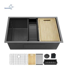 Aqucubic Handmade 304 Stainless Steel Undermount Kitchen Sink with Accessories (Thickness: 16 Gauge, Color: Gunmetal Black)