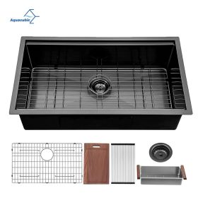 Aqucubic Handmade 304 Stainless Steel Undermount Kitchen Sink with Accessories (Thickness: 18 Gauge, Color: Gunmetal Black)