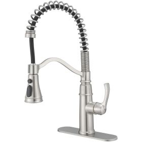 Single-Handle Pull-Down Sprayer 3 Spray High Arc Kitchen Faucet With Deck Plate in Matte Black (Color: Brushed Nickel)