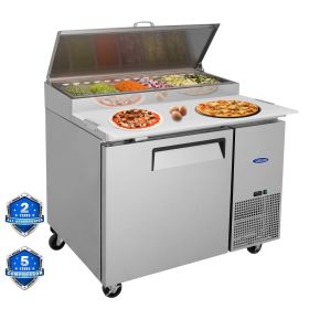 Orikool 44 IN Commercial Pizza Prep Table with a Built-in Refrigerator 11 Cu.Ft, Butcher Block Cutting Board, Protection Lid, Cold Storage (Color: Silver)