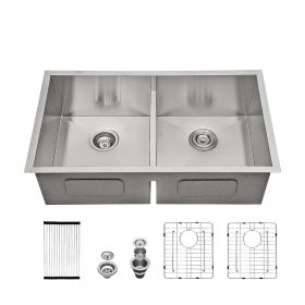 Lordear 33/28 Inch Undermount Sink Double Bowl 16 Gauge Stainless Steel Low Divide Kitchen Sink (size: 33-5/5)