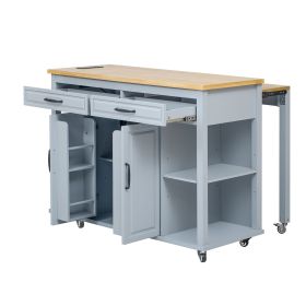 47 inch Kitchen Island with Extendable Dining Table, Rubber Wood Veneer Kitchen Table with Internal Storage Rack, Power Outlet (Material: MDF,Rubber Wood, Color: Grey+Blue)