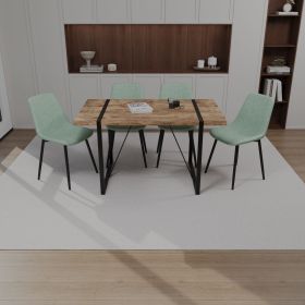55" MDF dining table and modern dining chair 4-piece set, medieval wooden kitchen dining table set, rectangular metal base (Color: Dark wood+light green)